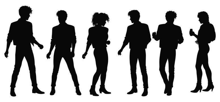  80s dancing people set silhouettes with a white background