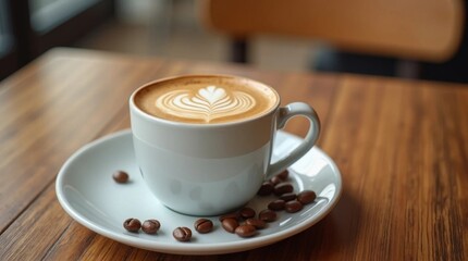 Obraz premium cup of cappuccino, a cup of latte coffee on a wooden table with coffee beans next to the cup to advertise a coffee shop or restaurant