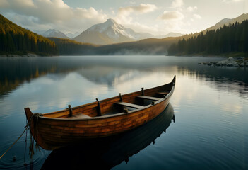 Obraz premium A boat floats on calm water, with a majestic mountain rising in the background under a clear blue sky.