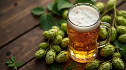 A glass of light beer on a wooden table with hops next to the glass, illustration for advertising a brewery or a pub