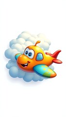 "Whimsical cartoon airplane soaring through clouds, featuring cheerful eyes on the cockpit and colorful wings, isolated on a simple solid white background"


