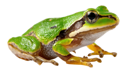 Emerald frog: A vibrant green tree frog sits, captivating viewers with its intricate skin, vivid eyes, and serene pose. Perfect for any nature, wildlife or conservation campaign. 