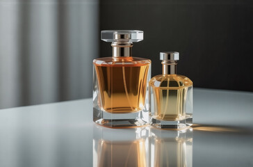 Two amber glass perfume bottles sit on a reflective surface, one larger than the other, showcasing their elegant design and golden liquid.  The subtle lighting enhances the luxurious feel.