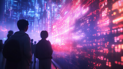Real-time stock market data displayed digitally with glowing numbers as people watch in the city