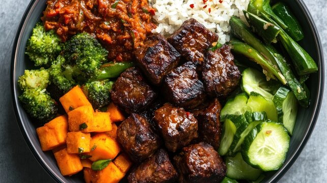 Colorful Asian Bowl with Beef, Rice, and Veggies