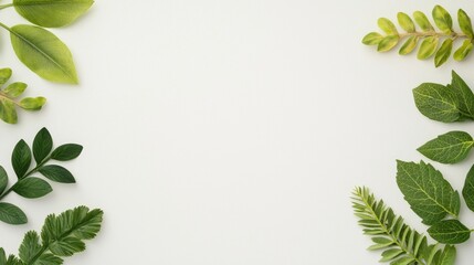 Naklejka premium A collection of various green leaves arranged symmetrically on a light background, creating a natural and fresh aesthetic.