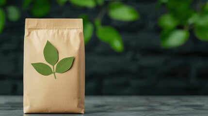 A natural-themed bag with a leaf design, resting on a surface against a blurred green backdrop, suggesting eco-friendliness or organic products.