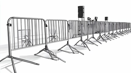 Illustration depicts metal crowd control barriers in event setup background