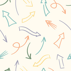 Arrow sign seamless pattern. Hand drawn pointer icon. Indicator vector illustration. Flat line art sloppy doodle arrow allover print