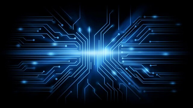Bright blue lines illuminate a dark background, resembling a complex and interconnected electronic circuit board.