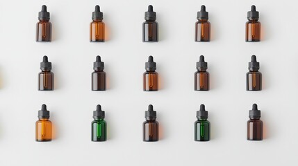 Fototapeta premium A neat arrangement of various colored glass dropper bottles on a white surface, showcasing different shapes and sizes.
