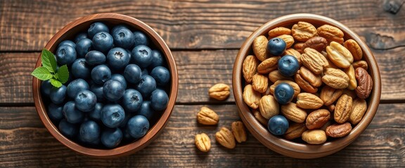 Fototapeta premium A rustic wooden table holds a bowl of mixed nuts and a bowl of blueberries, bright, summer