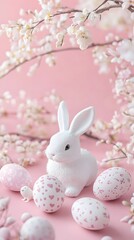 Obraz premium Pastel Pink Easter Bunny with Blossoms and Eggs