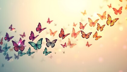 A gradient of soft, warm light illuminates a multitude of butterflies