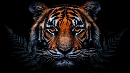 Fototapeta premium Captivating close-up portrait of a Bengal tiger in the dark highlighting its intense gaze and distinctive stripes with artistic embellishment for wildlife enthusiasts