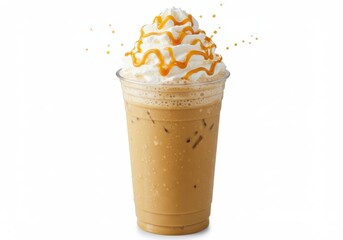 Iced coffee beverage with whipped cream and caramel drizzle in a clear plastic cup on white background