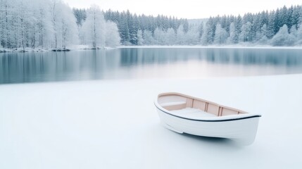 Obraz premium Frozen lake scene with a small white boat. Tranquil winter landscape