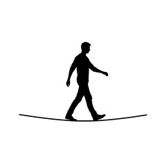 Black silhouette vector of a person walking on a tightrope  white background