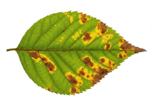 Close up of a green leaf with brown spots and yellowing on a white background in sharp focus detail - Powered by Adobe