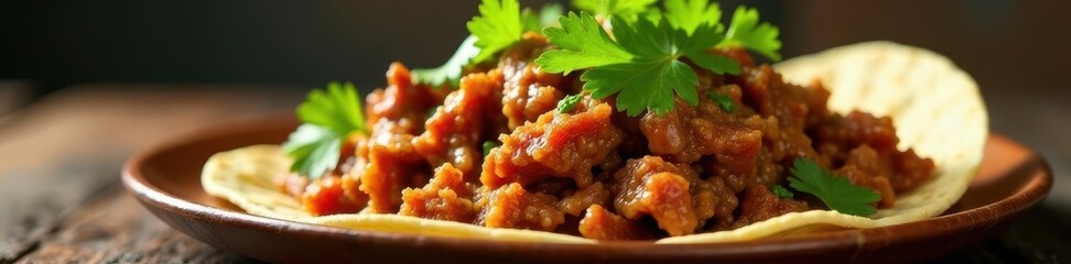 Pulled pork carnitas, glistening, cilantro garnish, traditional, cilantro