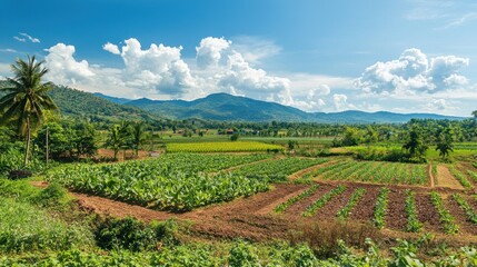 Fototapeta premium A wide farm landscape showing different types of crops such as fruits and vegetables growing together.