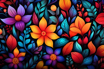 Bright and colorful abstract floral artwork with vivid flowers and lush leaves