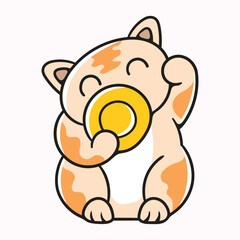 Adorable Smiling Cat Holding a Golden Coin Cartoon Style