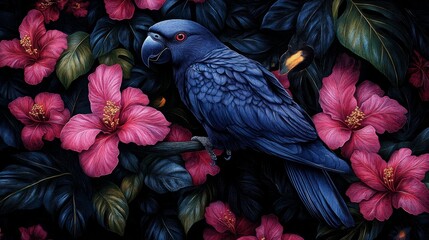 Elegant macaw amidst vibrant camellia blooms capturing a serene nature scene with a mysterious undertone suggesting a tranquil garden atmosphere