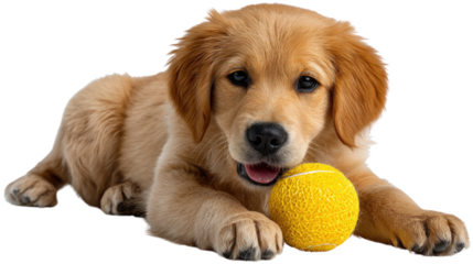 Golden Retriever Puppy with Ball: A playful golden retriever puppy with big brown eyes eagerly holds a yellow tennis ball in its mouth, radiating pure joy and excitement.