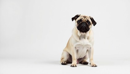 Adorable pug dog sits alone against pure white background, companion, animal