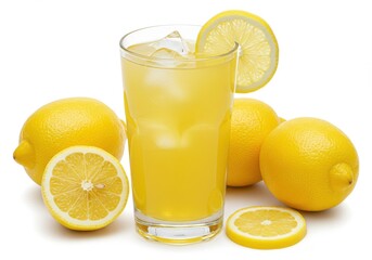 A glass of lemonade with ice and lemon slices surrounded by whole and sliced lemons on white