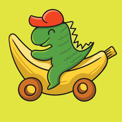 Cute Dino Wearing Red Hat Driving a Banana Car