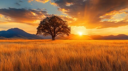 Fototapeta premium Solitary tree sunset golden field peaceful nature landscape photography