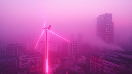 Obraz premium Pink Fog City Wind Turbine