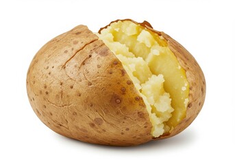 A single baked potato with a split skin revealing the fluffy inside on a white background in studio lighting