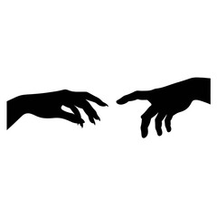 Black silhouette vector of two hands reaching for each other with a gap in between on white background