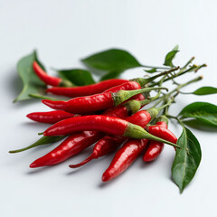 red chili product photo on white background, some whole red chilies with green stems and leaves, placed in the middle of the frame, ai generated images