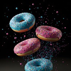 Three Glazed Donuts with Sprinkles Falling Against a Black Background
