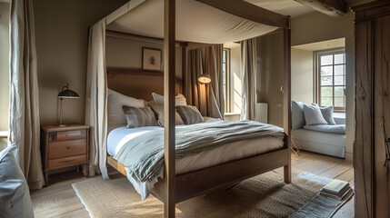 A canopy bed with white linens and pillows in a well lit room with a window seat and wooden floors