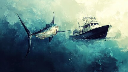 Naklejka premium Watercolor illustration depicting a marlin fish approaching a fishing boat in a vast ocean