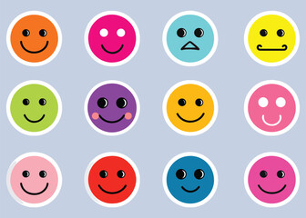 cute and expressive smiley face sticker collection for emotions and feelings vector illustration