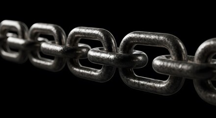 Fototapeta premium A strong, silver metallic chain with connected links is isolated in a closeup, suggesting security and strength