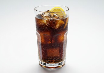 A refreshing cola drink with ice cubes and a lemon slice in a clear glass on a white background