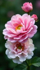 Fototapeta premium Delicate pink and white ranunculus flowers in full bloom, showcasing intricate petals and soft center details, floral arrangement, delicate flowers, pink flowers