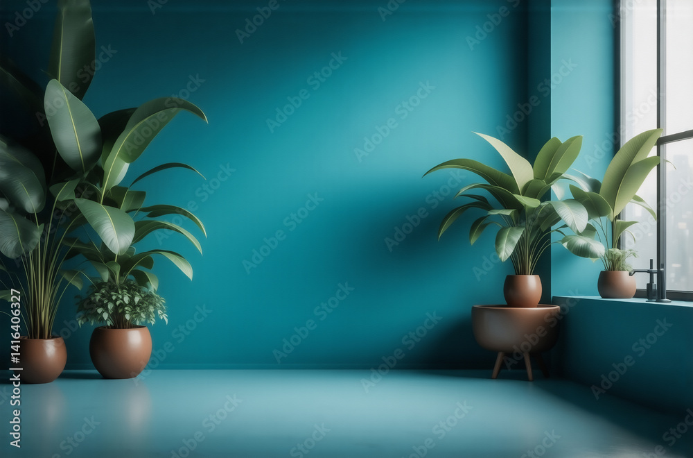 Poster Serene teal room features large potted plants, creating a calming and minimalist atmosphere.  Sunlight streams in from a large window, illuminating the space.
