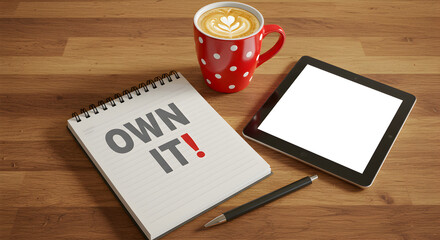 Office Desktop Scene with Notebook Saying Own It and Digital Tablet with Coffee Mug