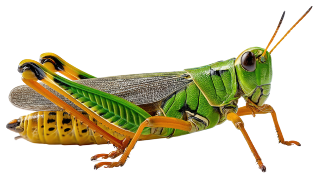 Grasshopper's Lively Pose: A vibrant close-up captures a grasshopper in full detail, showcasing its striking colors, textured wings, and intricate features against a crisp background.