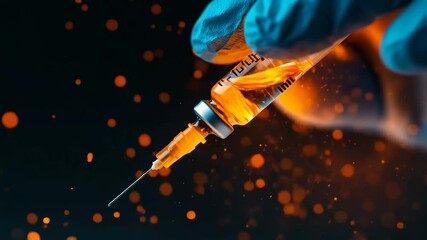 A close-up of a syringe filled with liquid, held between gloved fingers, with a dramatic backdrop of orange sparks against a dark background. Medical and healthcare concept. 