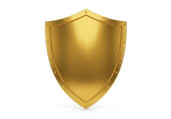 A shiny golden shield with rivets along the edge on a clean white background in a studio shot