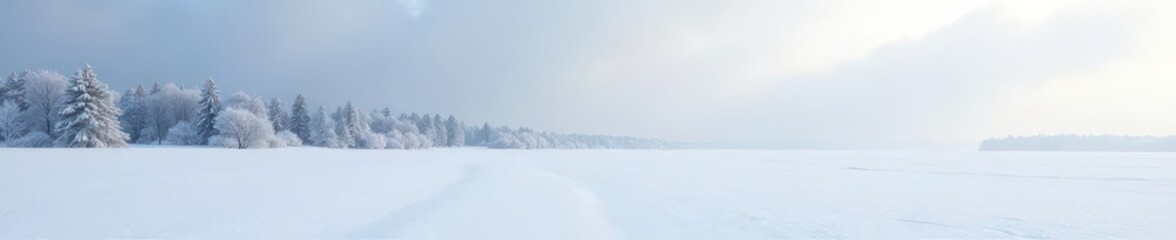 A pristine layer of snow covers the ground; sparse trees dot the distant horizon A winter's day , snowdrift, quiet